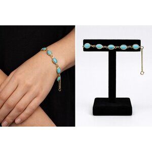Vintage Turquoise Blue Cabochon Link Bracelet Gold Tone Adjustable 7–8.5”